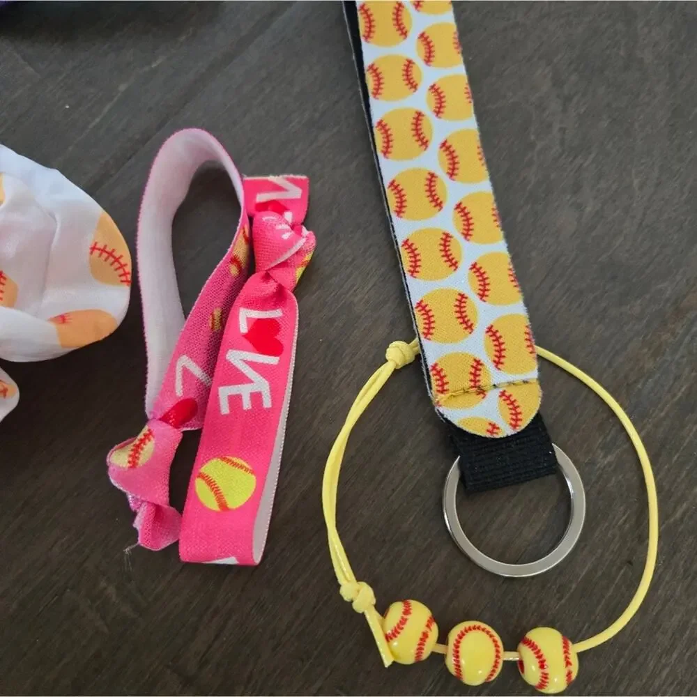 Handmade Pony Tail Softball Bow and Softball Hair Accessories Bracelet